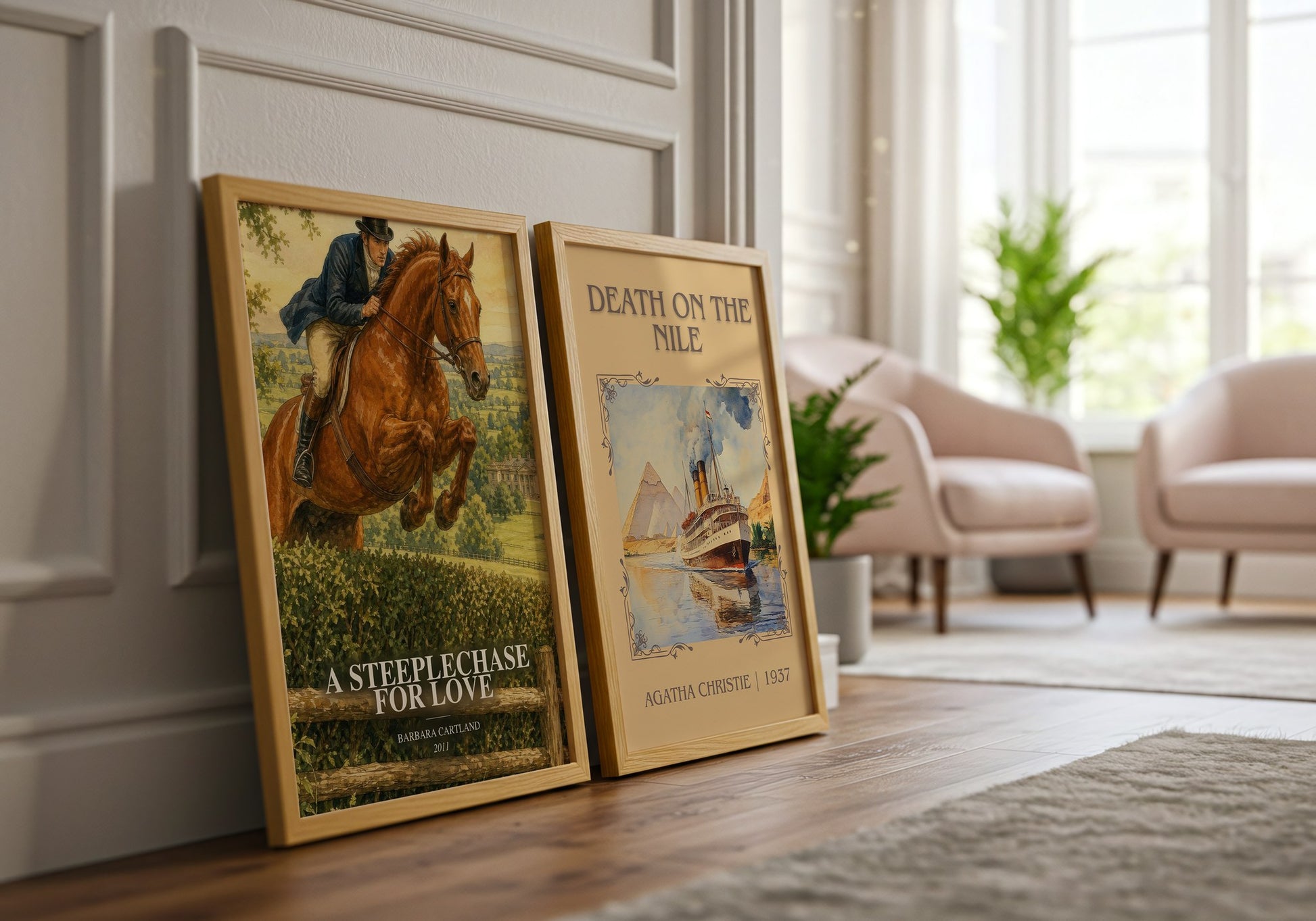 A Steeplechase For Love watercolour print framed by window – literary home decor