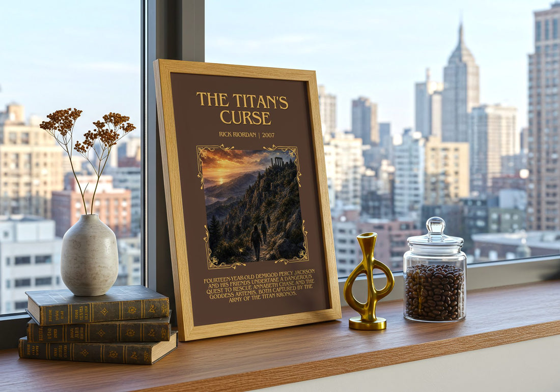 The Titan's Curse Minimalist Book Poster by Rick Riordan – framed print on a city-view windowsill