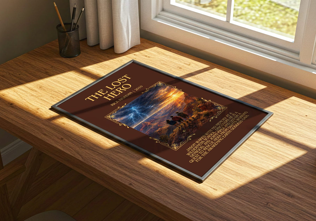 The Lost Hero Minimalist Book Poster by Rick Riordan – print on a sunlit desk