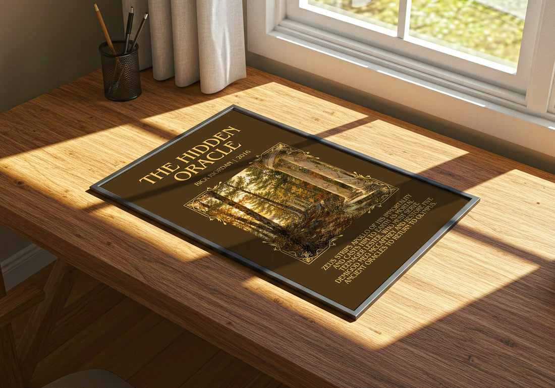 The Hidden Oracle Minimalist Book Poster by Rick Riordan – print on a sunlit desk