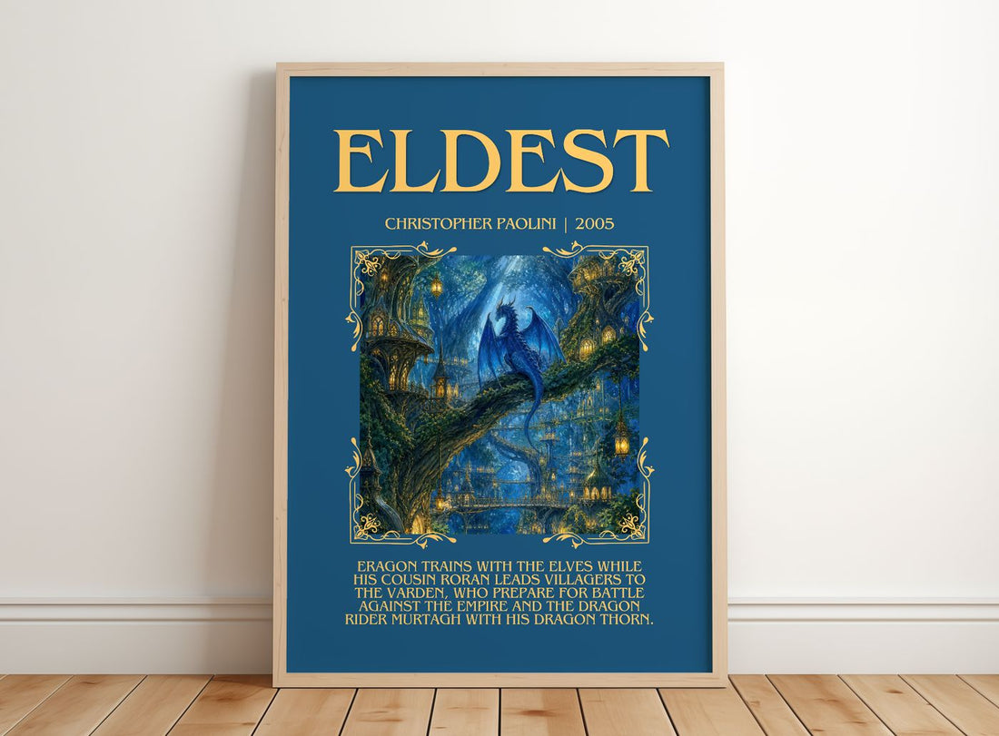 Eldest Minimalist Book Poster by Christopher Paolini – framed print leaning on a wooden floor
