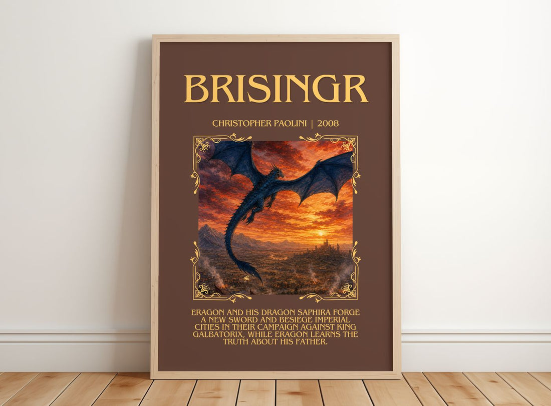 Brisingr Minimalist Book Poster by Christopher Paolini – framed print leaning on a wooden floor