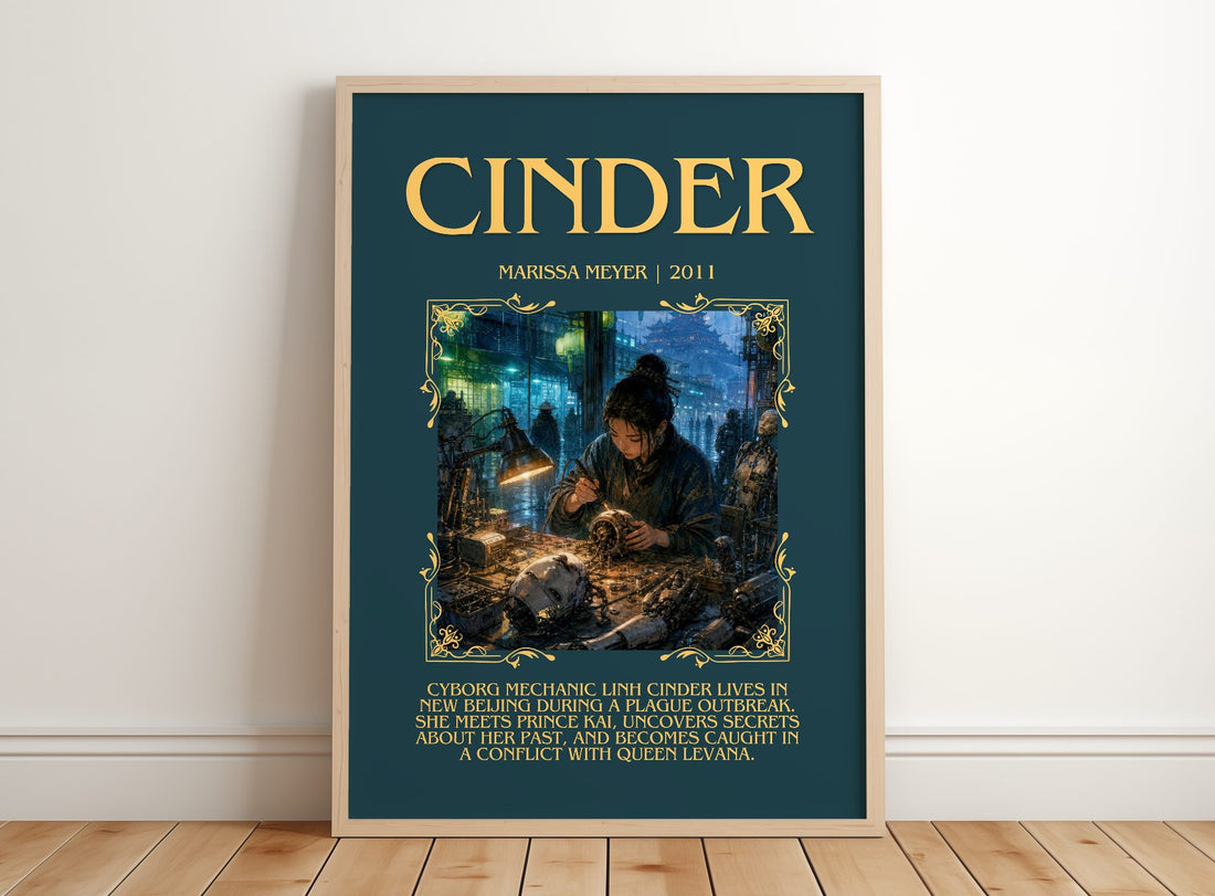 Cinder Minimalist Book Poster by Marissa Meyer – framed print leaning on a wooden floor