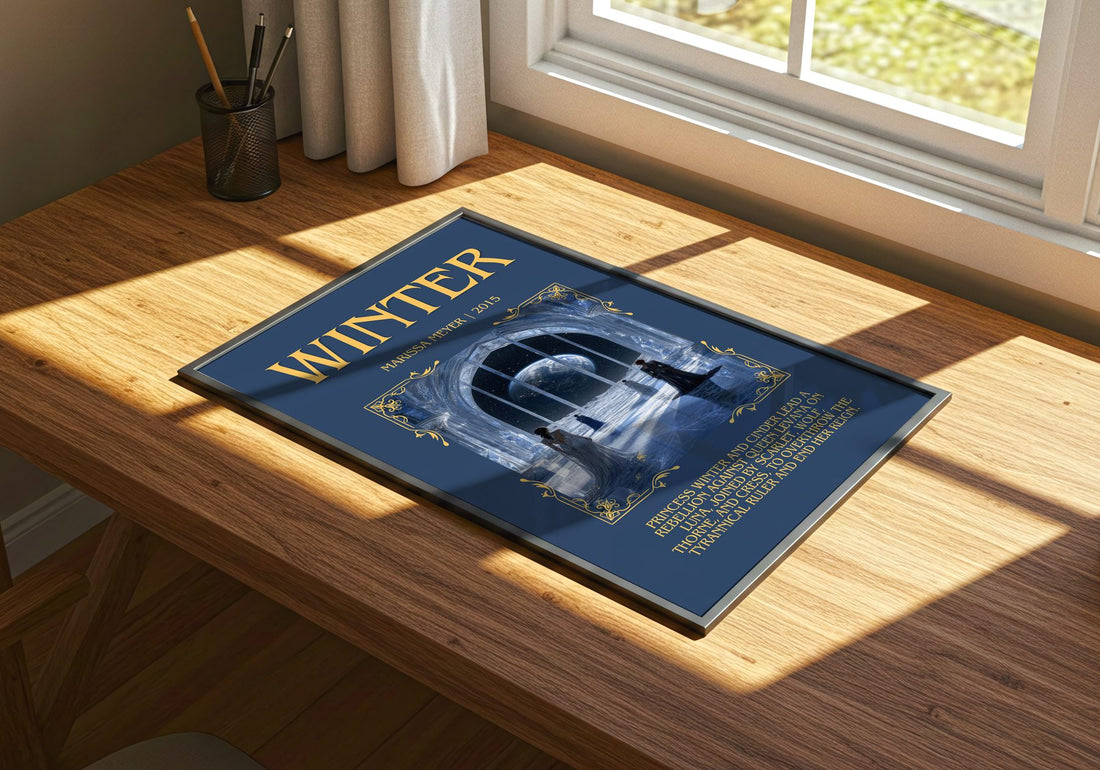 Winter Minimalist Book Poster by Marissa Meyer – print on a sunlit desk