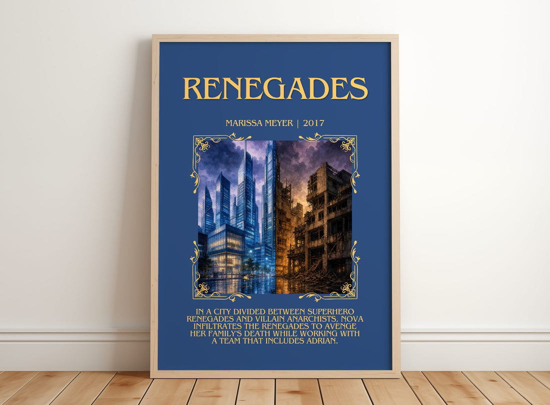 Renegades Minimalist Book Poster by Marissa Meyer – framed print leaning on a wooden floor