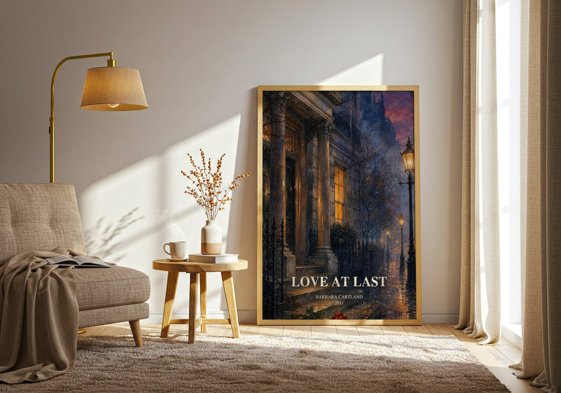 Love At Last watercolour print in frame leaning in hallway – romance wall art (mockup)