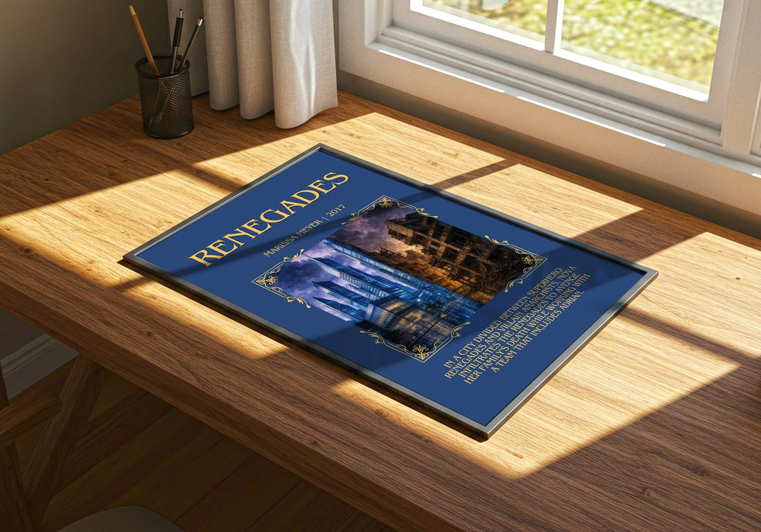 Renegades Minimalist Book Poster by Marissa Meyer – print on a sunlit desk