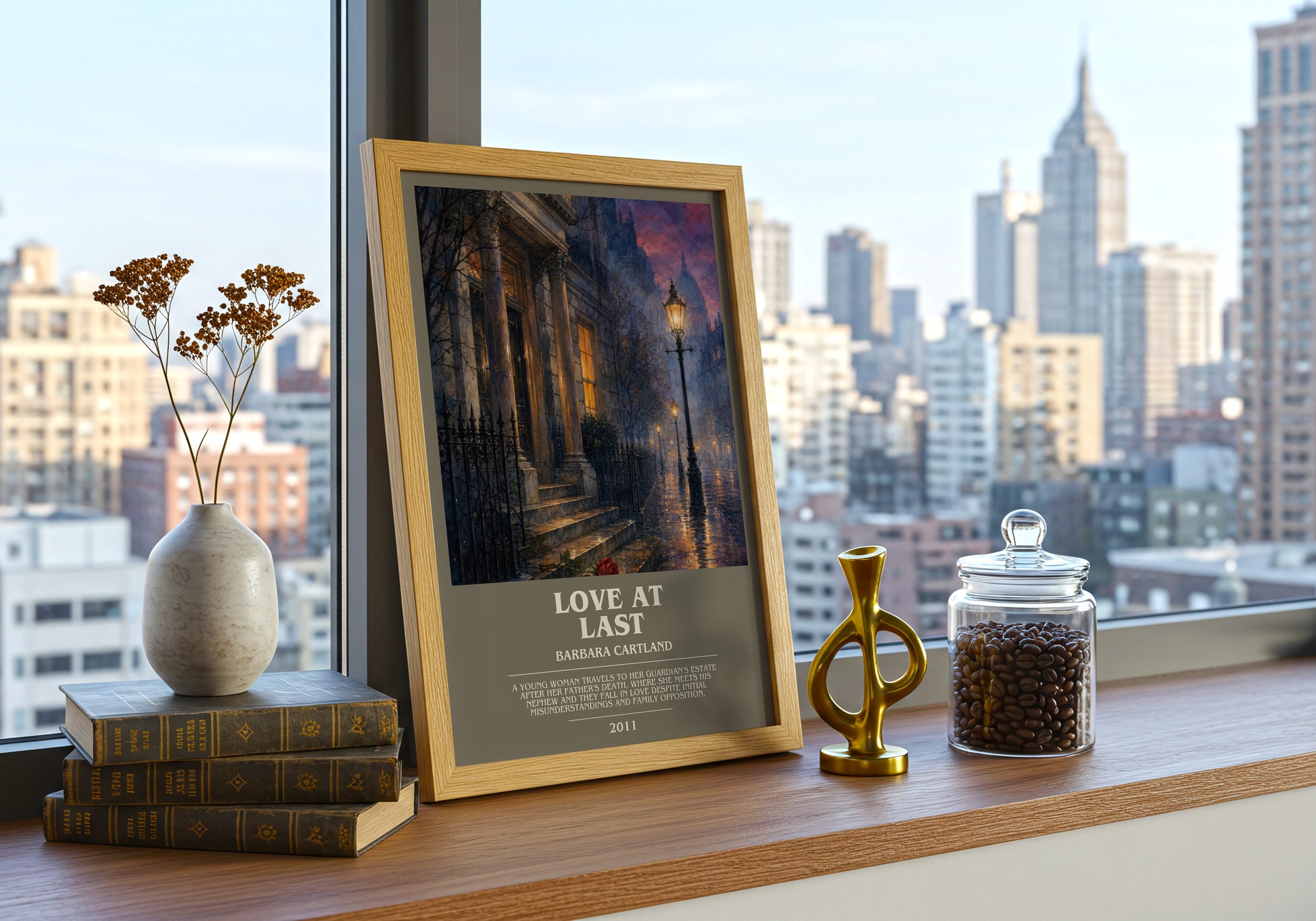 Love At Last bookish print framed by window – literary home decor