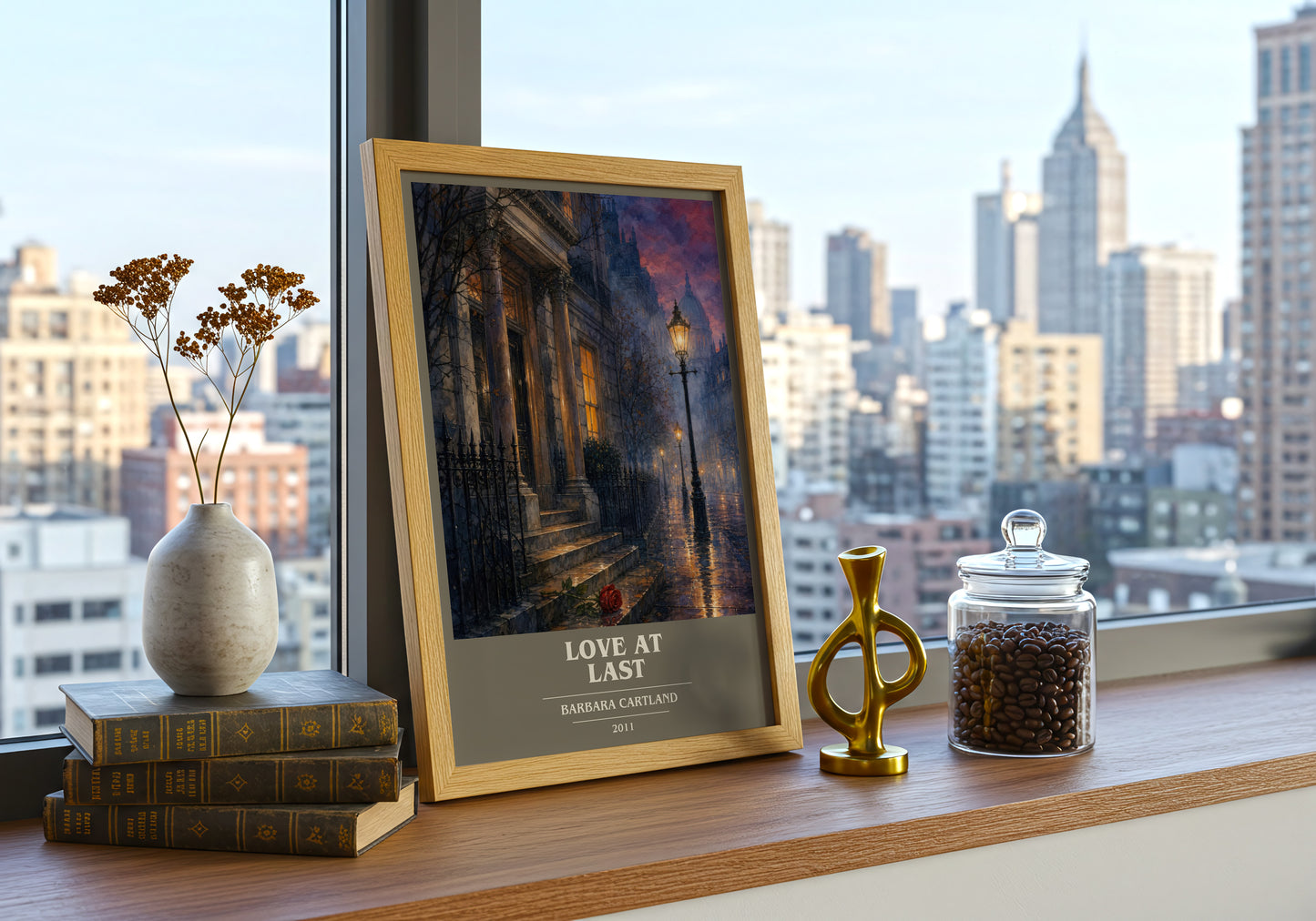 Love At Last book cover print framed by window – literary home decor