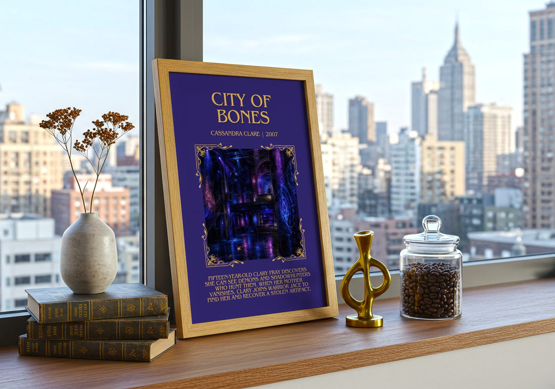 City of Bones Minimalist Book Poster by Cassandra Clare – framed print on a city-view windowsill