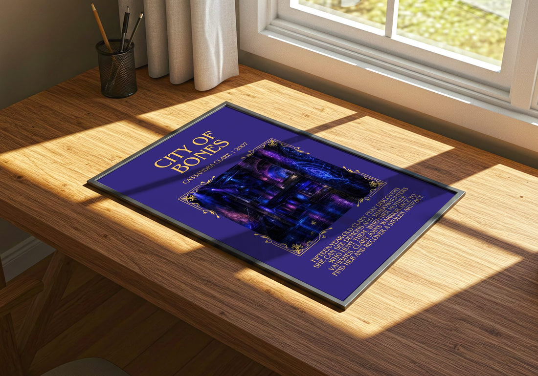 City of Bones Minimalist Book Poster by Cassandra Clare – print on a sunlit desk