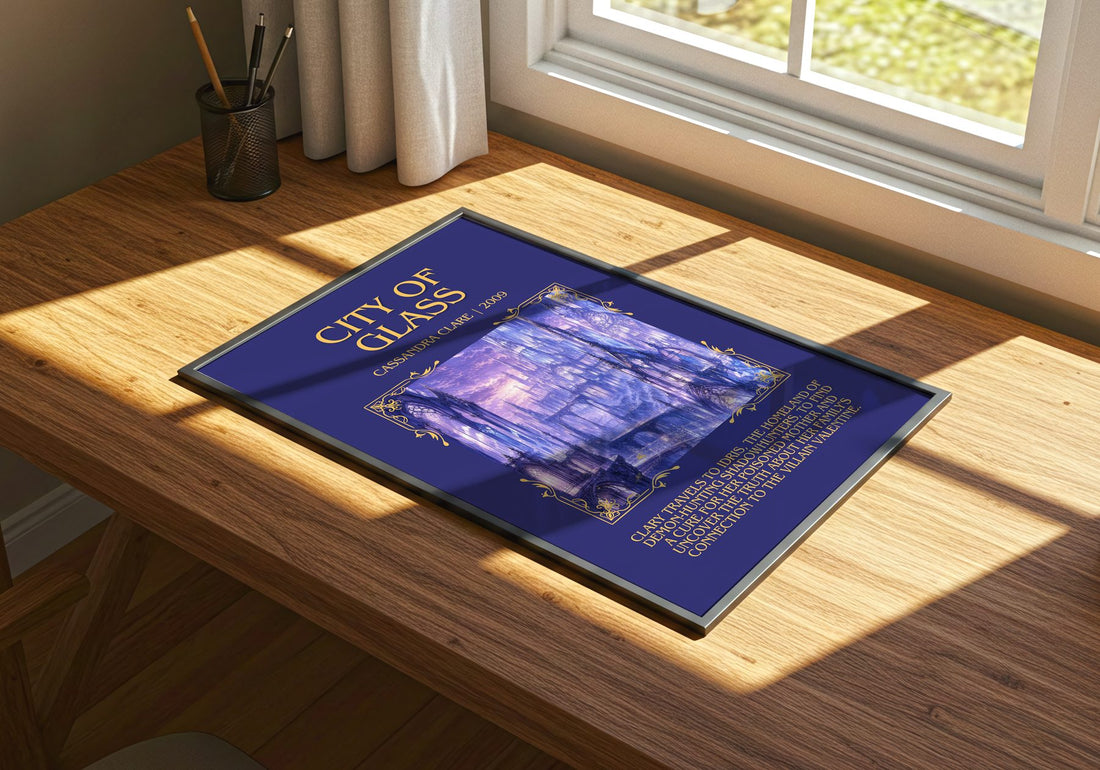 City of Glass Minimalist Book Poster by Cassandra Clare – print on a sunlit desk