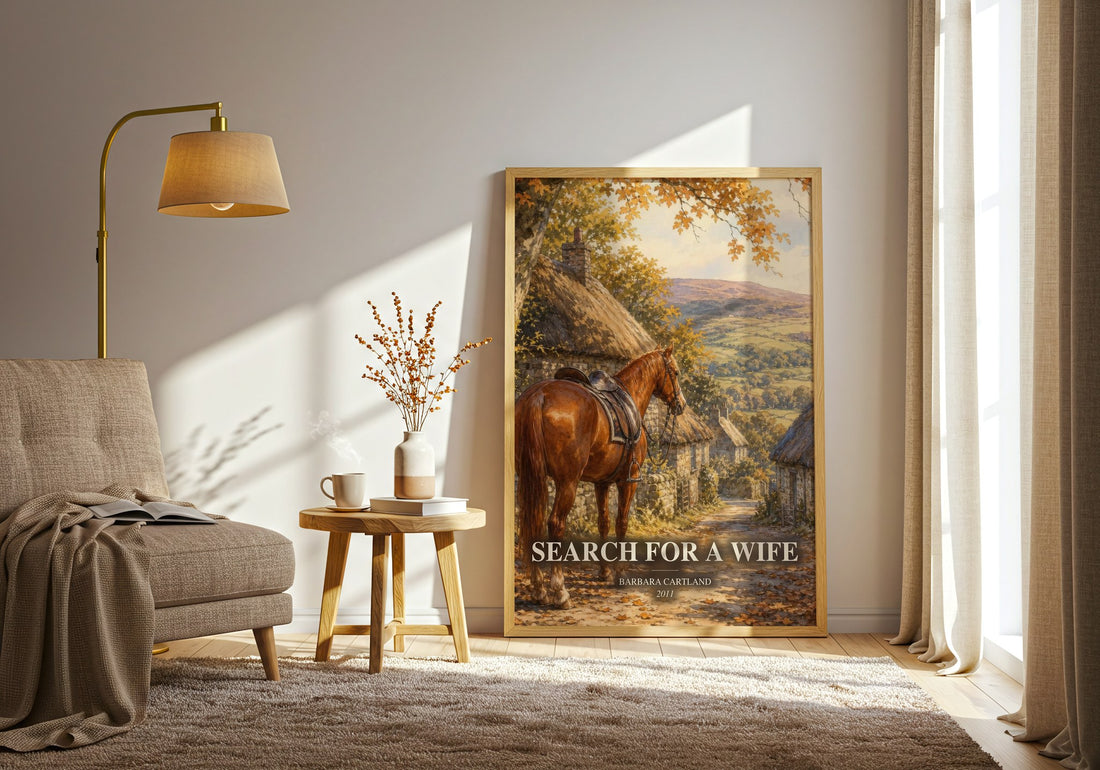 Search For A Wife watercolour print in frame leaning in hallway – romance wall art (mockup)