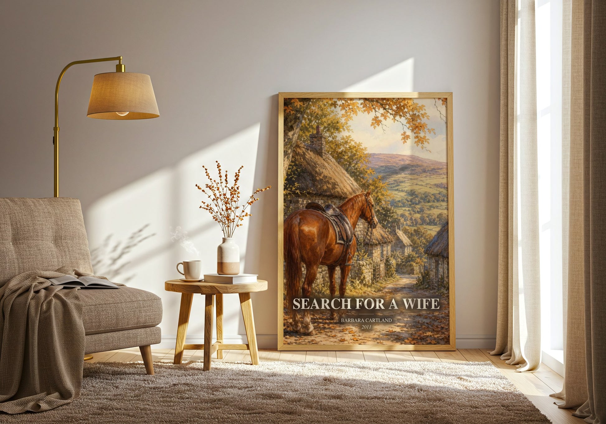Search For A Wife watercolour print in frame leaning in hallway – romance wall art