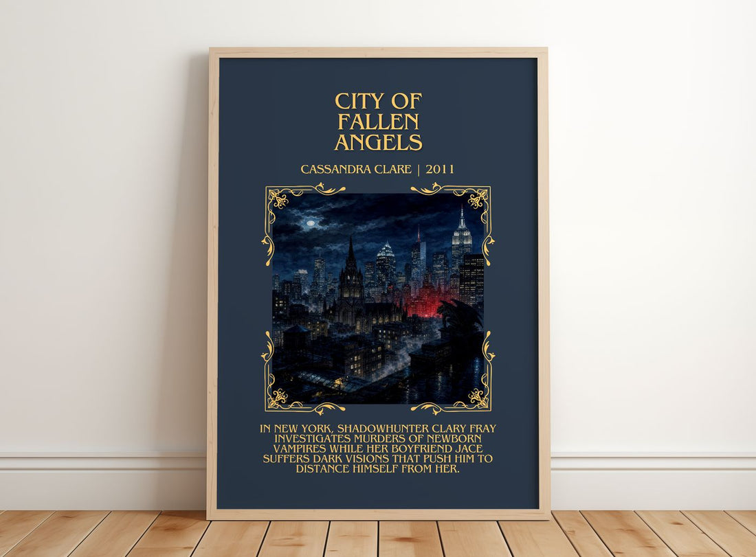 City of Fallen Angels Minimalist Book Poster by Cassandra Clare – framed print leaning on a wooden floor