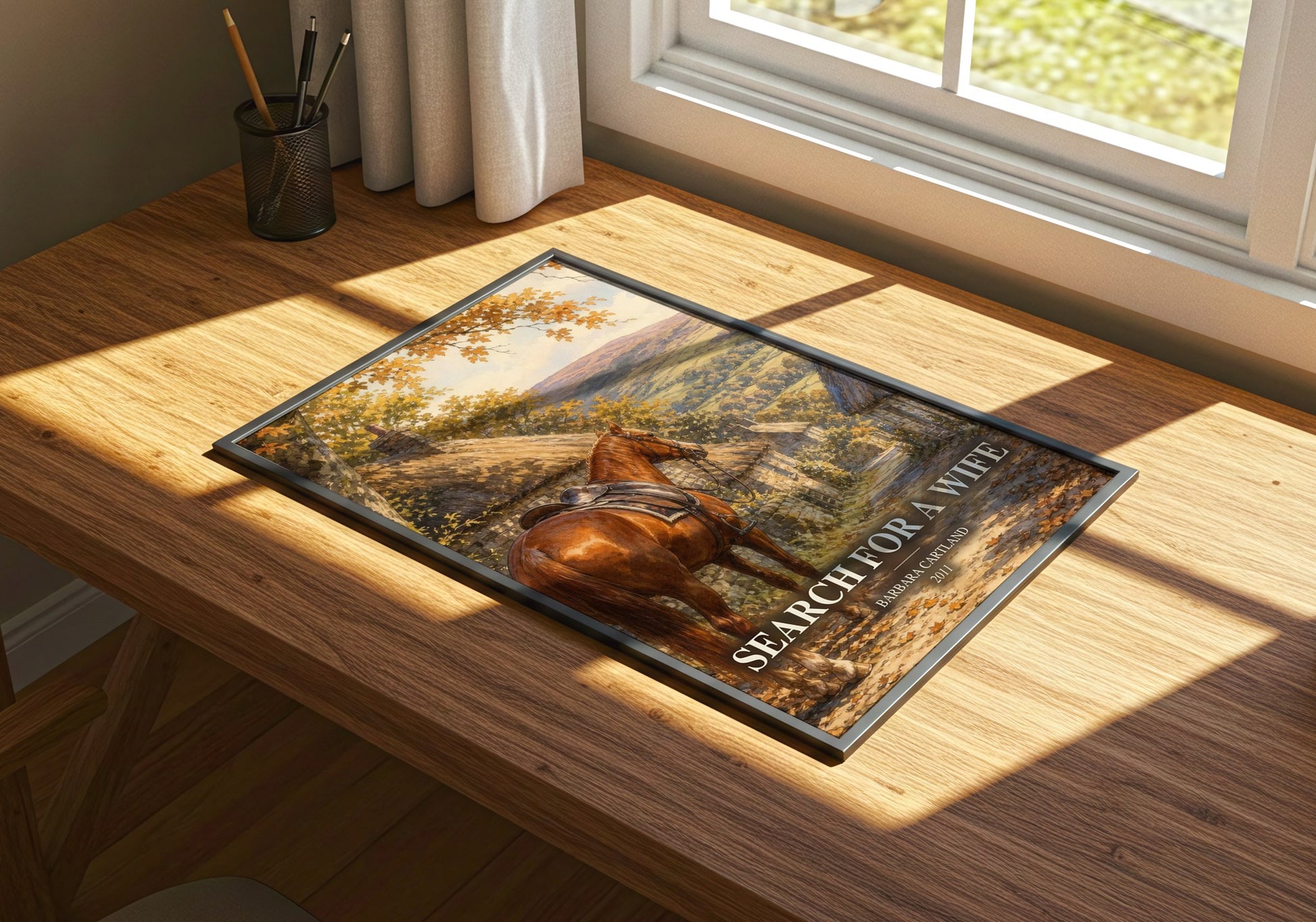 Search For A Wife watercolour book poster framed on wall – romance wall art