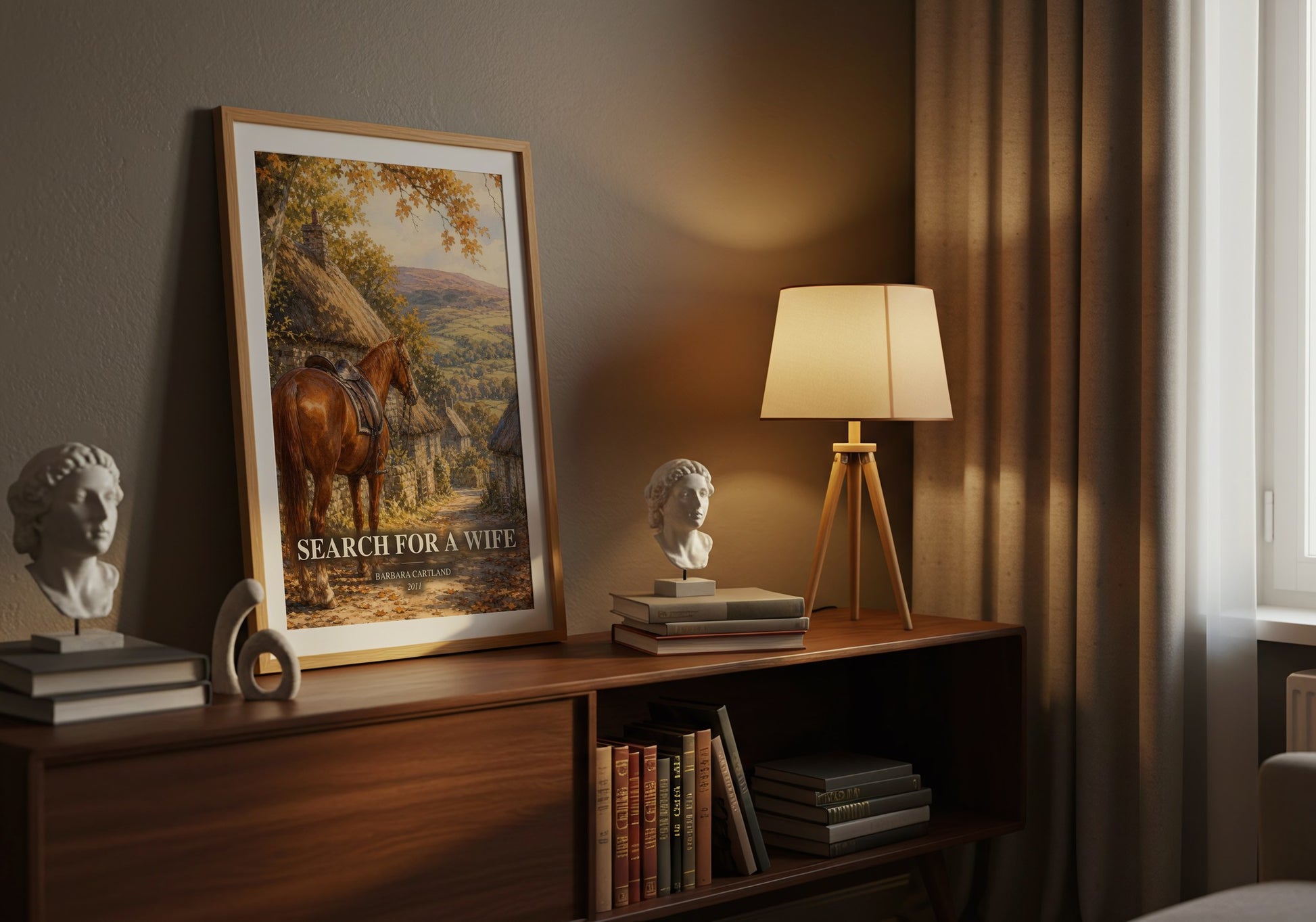 Search For A Wife watercolour print on bookshelf – Barbara Cartland fan gift