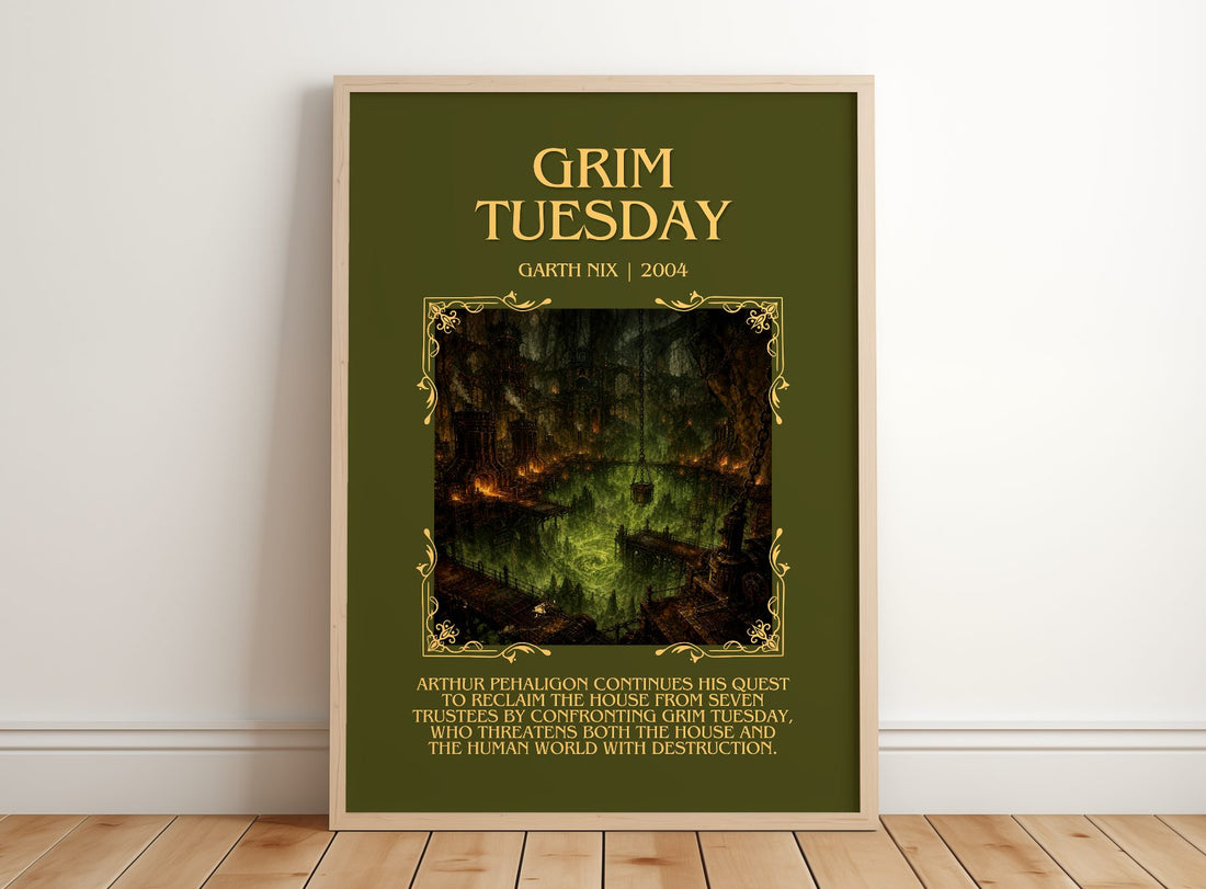 Grim Tuesday Minimalist Book Poster by Garth Nix – framed print leaning on a wooden floor