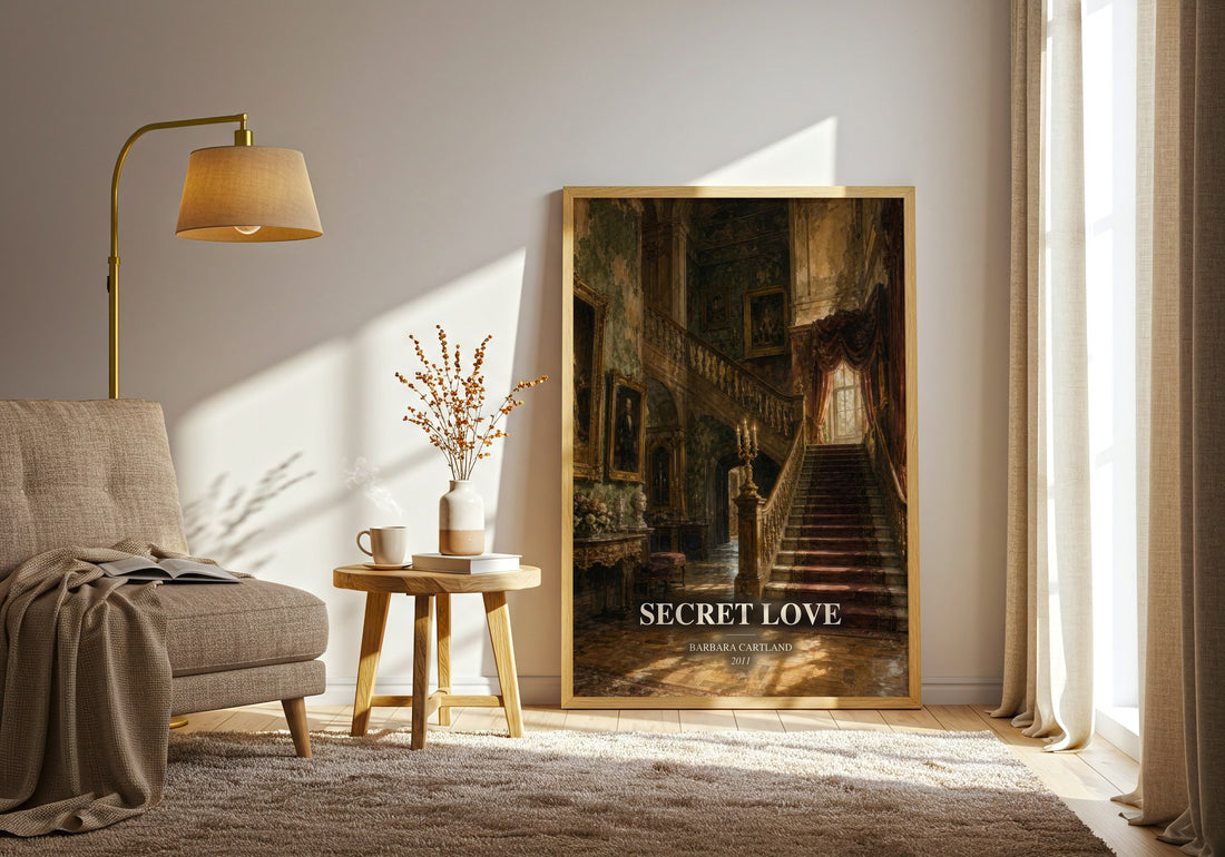 Secret Love watercolour print in frame leaning in hallway – romance wall art (mockup)