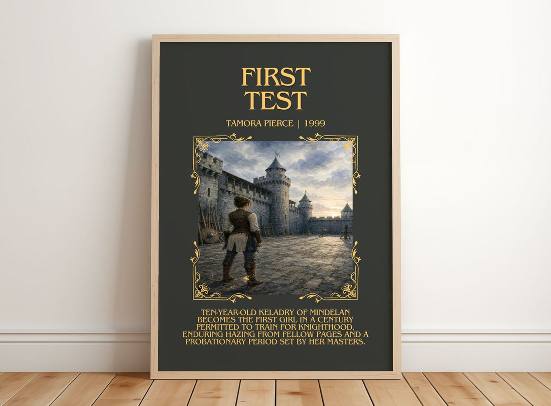 First Test Minimalist Book Poster by Tamora Pierce – framed print leaning on a wooden floor