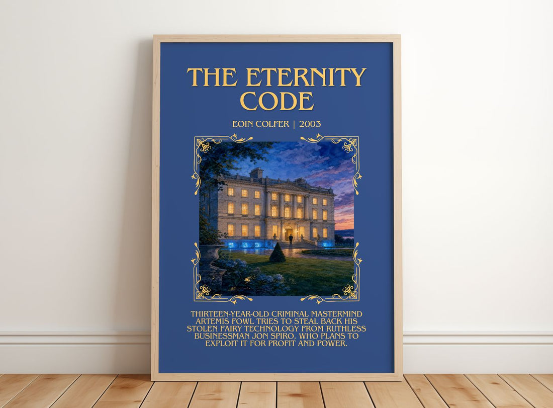The Eternity Code Minimalist Book Poster by Eoin Colfer – framed print leaning on a wooden floor