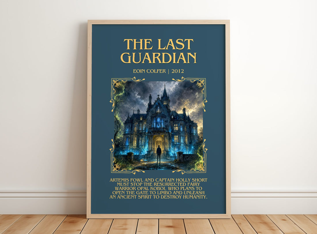The Last Guardian Minimalist Book Poster by Eoin Colfer – framed print leaning on a wooden floor
