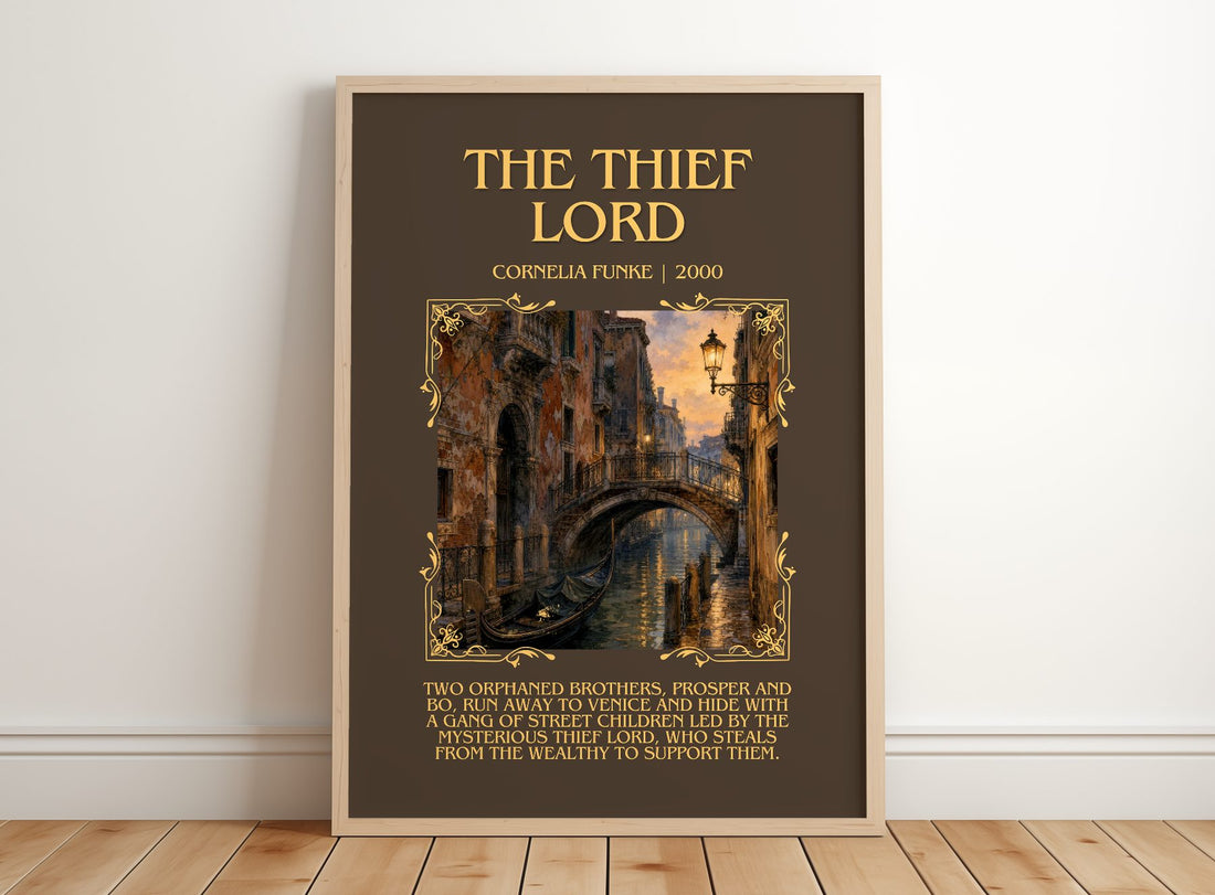 The Thief Lord Minimalist Book Poster by Cornelia Funke – framed print leaning on a wooden floor