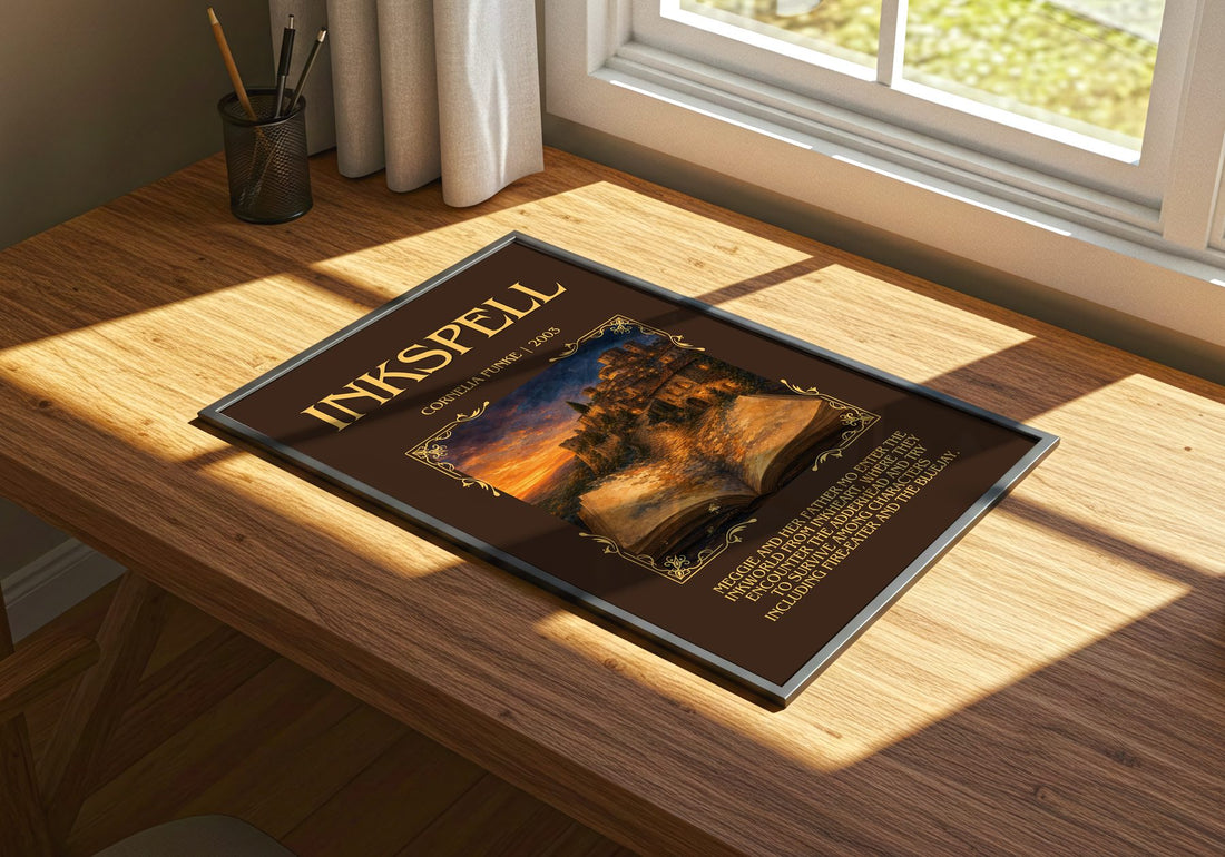 Inkspell Minimalist Book Poster by Cornelia Funke – print on a sunlit desk