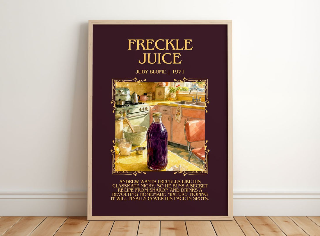Freckle Juice Minimalist Book Poster by Judy Blume – framed print leaning on a wooden floor