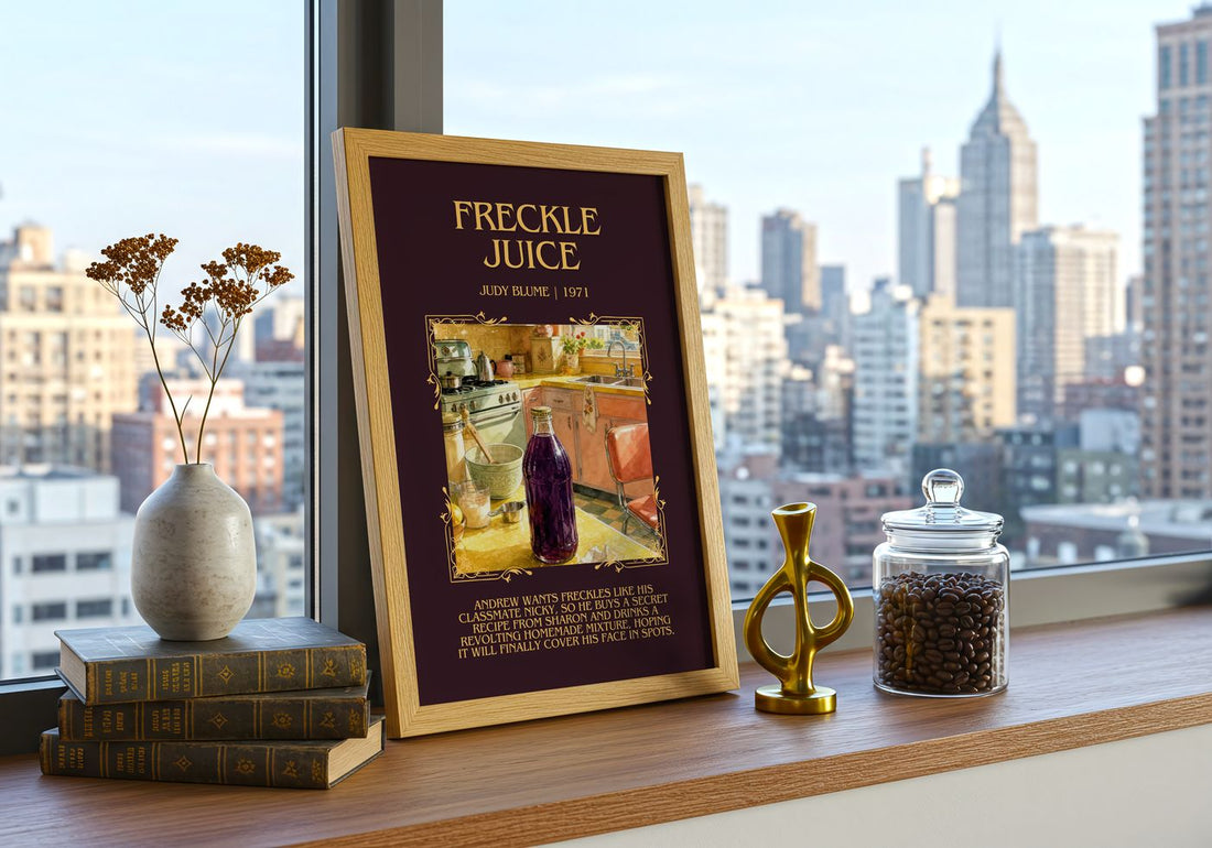 Freckle Juice Minimalist Book Poster by Judy Blume – framed print on a city-view windowsill