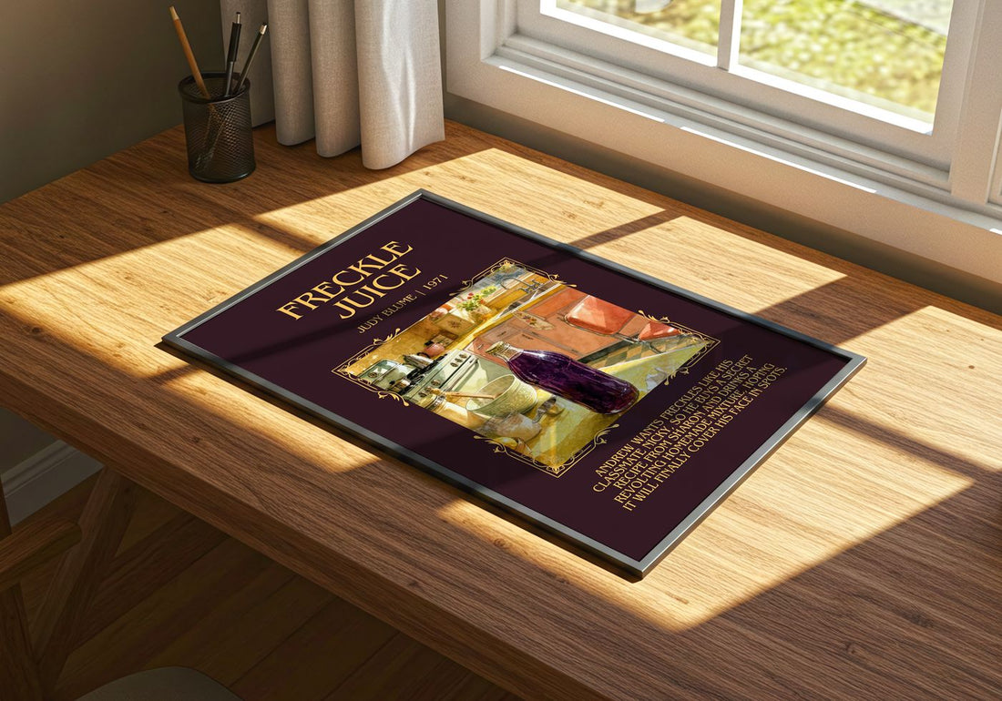 Freckle Juice Minimalist Book Poster by Judy Blume – print on a sunlit desk
