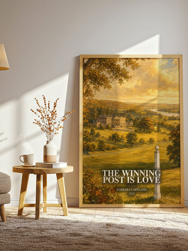 The Winning Post Is Love watercolour print in frame leaning in hallway – romance wall art