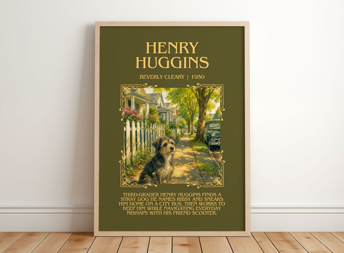 Henry Huggins Minimalist Book Poster by Beverly Cleary – framed print leaning on a wooden floor