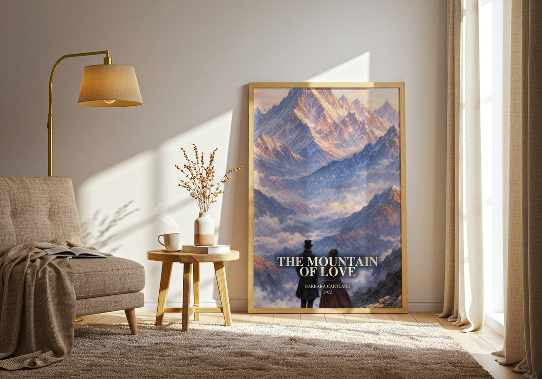 The Mountain Of Love watercolour print in frame leaning in hallway – romance wall art (mockup)