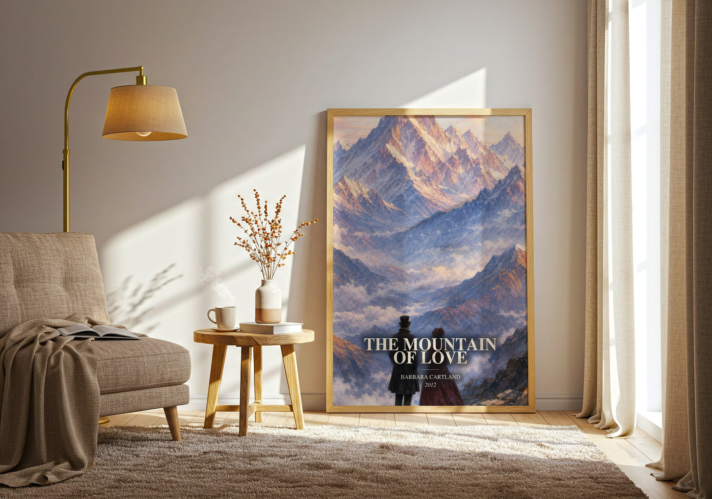 The Mountain Of Love watercolour print in frame leaning in hallway – romance wall art