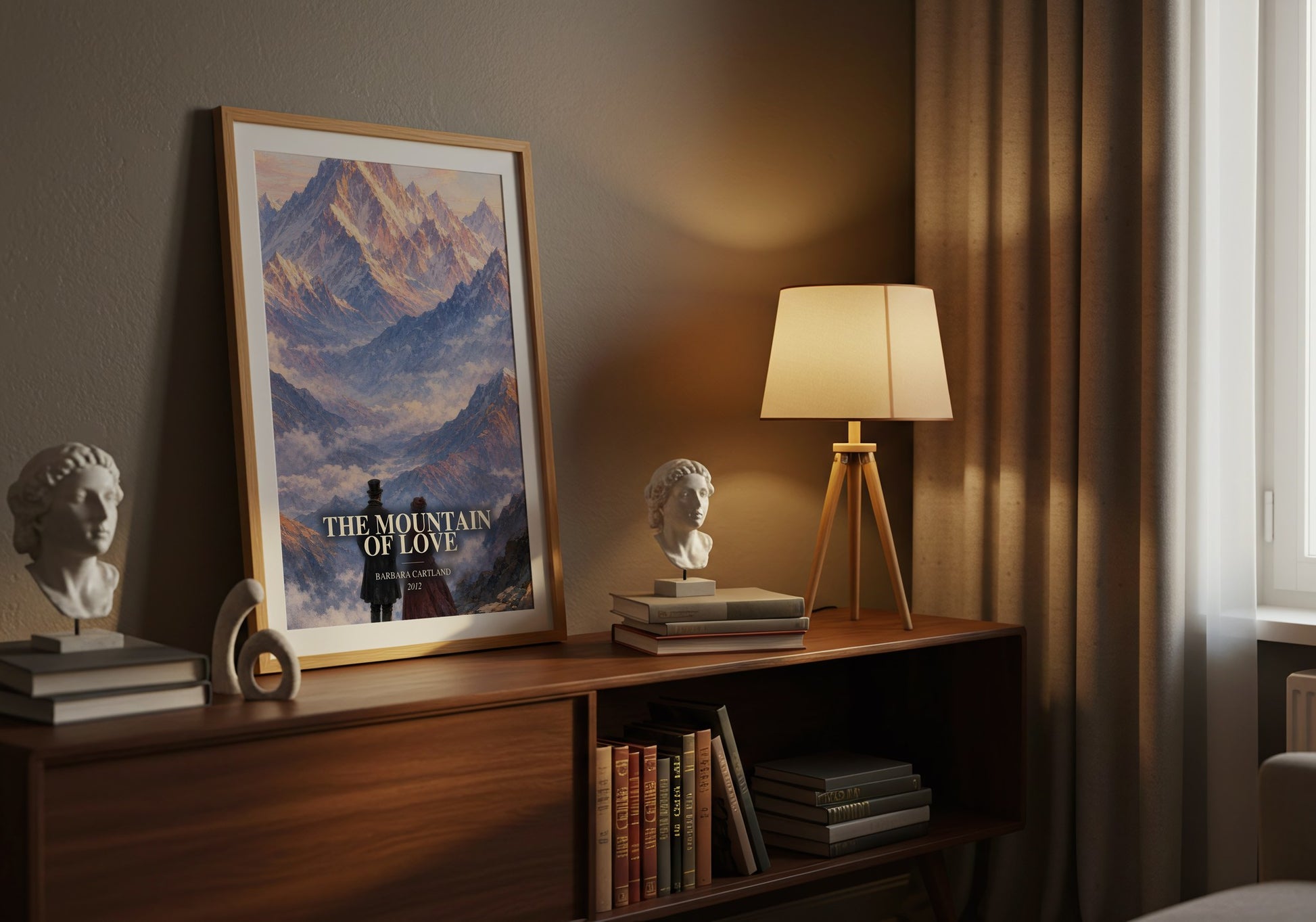 The Mountain Of Love watercolour print on bookshelf – Barbara Cartland fan gift