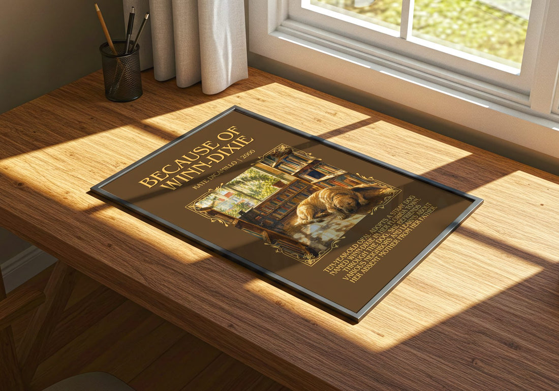 Because of Winn-Dixie Minimalist Book Poster by Kate DiCamillo – print on a sunlit desk