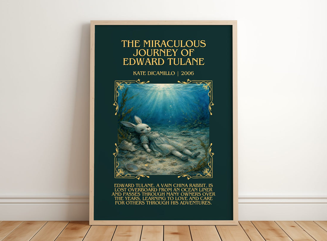 Miraculous Journey of Edward Tulane Minimalist Book Poster – framed print leaning on a wooden floor