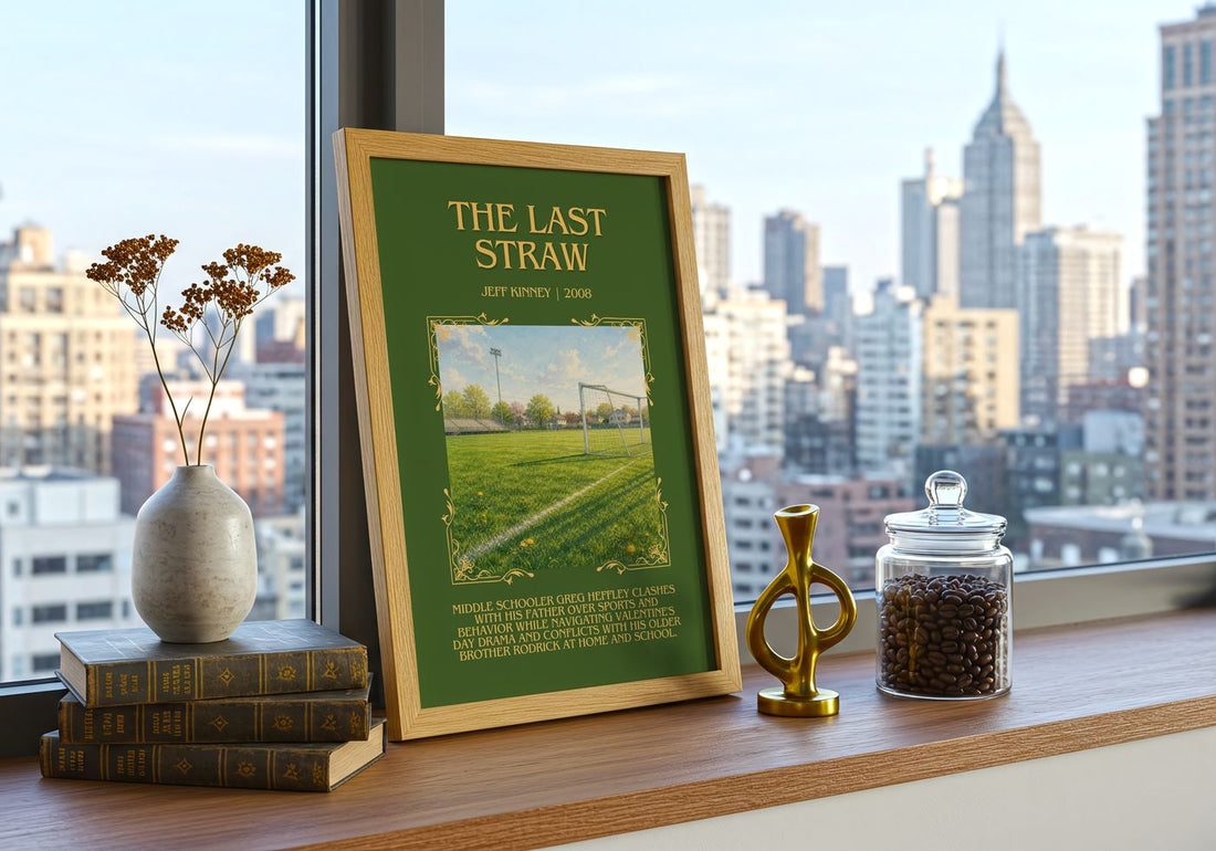 The Last Straw Minimalist Book Poster by Jeff Kinney – framed print on a city-view windowsill