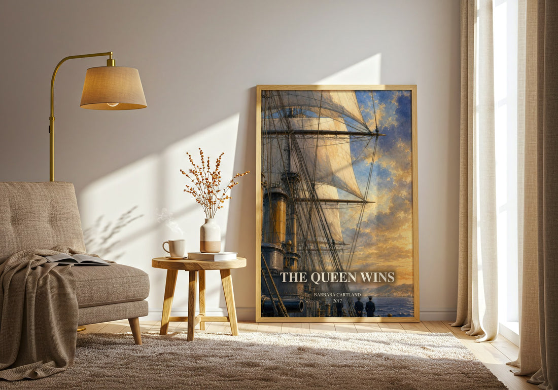 The Queen Wins watercolour print in frame leaning in hallway – romance wall art (mockup)