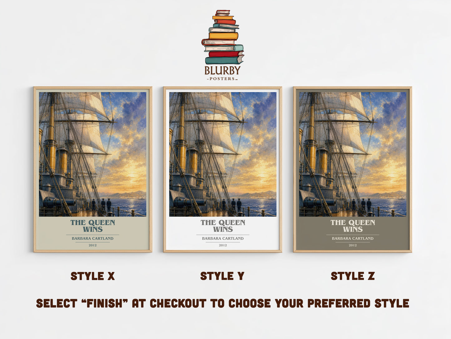 The Queen Wins book cover print in frame leaning in hallway – romance wall art