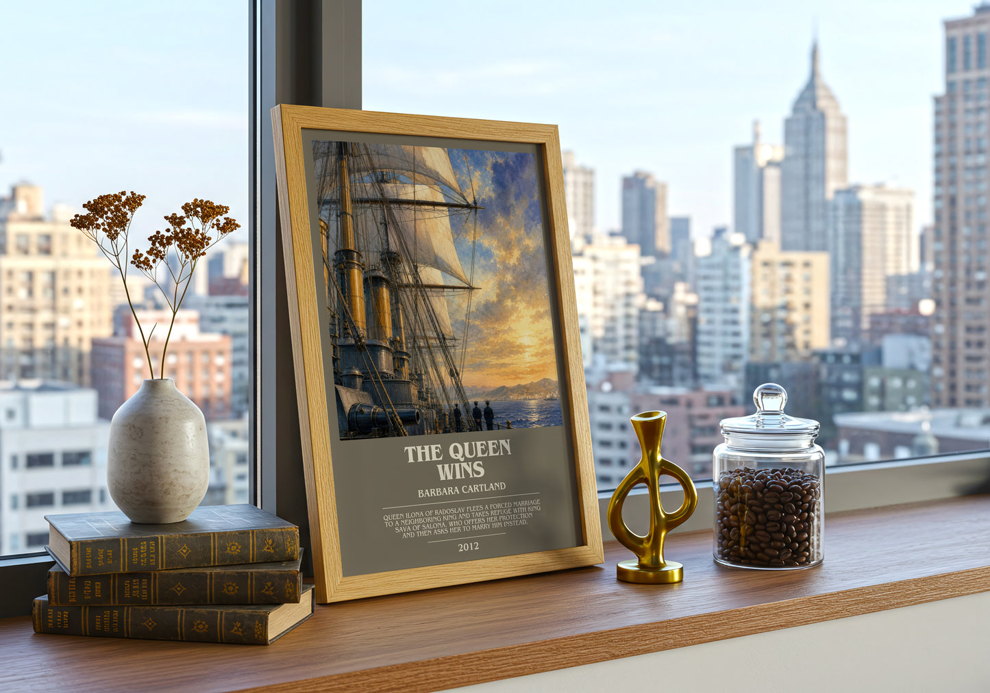The Queen Wins bookish print framed by window – literary home decor