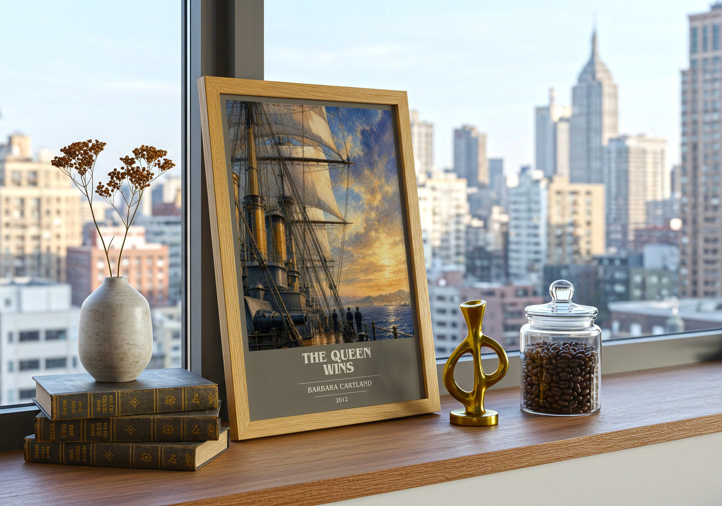 The Queen Wins book cover print framed by window – literary home decor