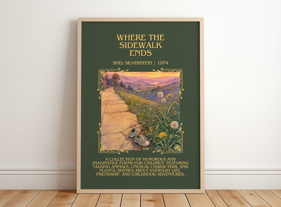 Where the Sidewalk Ends Minimalist Book Poster by Shel Silverstein – framed print leaning on a wooden floor