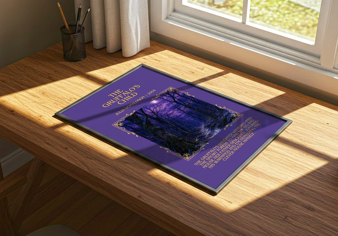 The Gruffalo's Child Minimalist Book Poster by Julia Donaldson – print on a sunlit desk