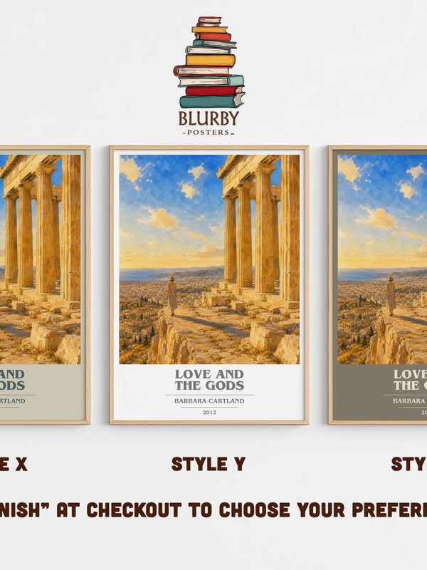 Love And The Gods book cover print in frame leaning in hallway – romance wall art