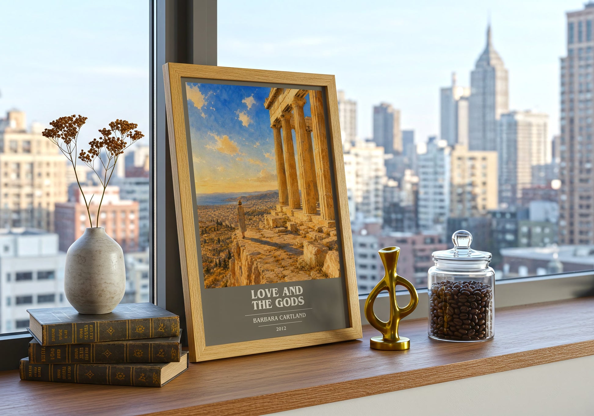 Love And The Gods book cover print framed by window – literary home decor