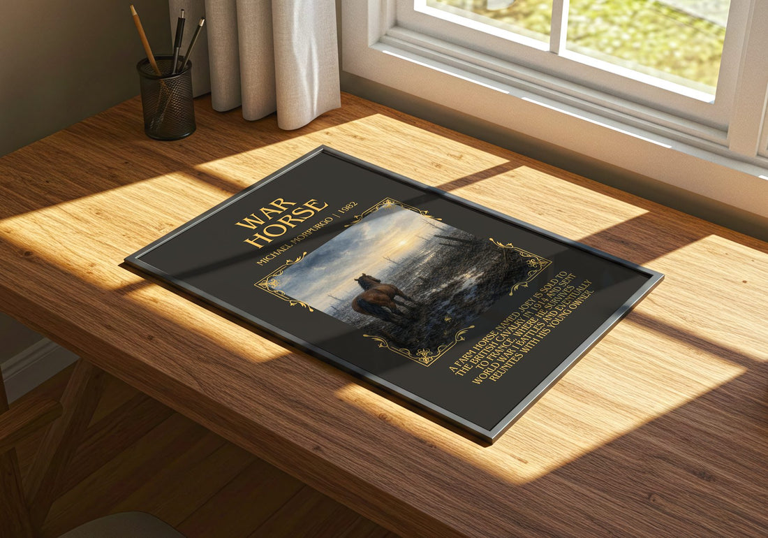War Horse Minimalist Book Poster by Michael Morpurgo – print on a sunlit desk