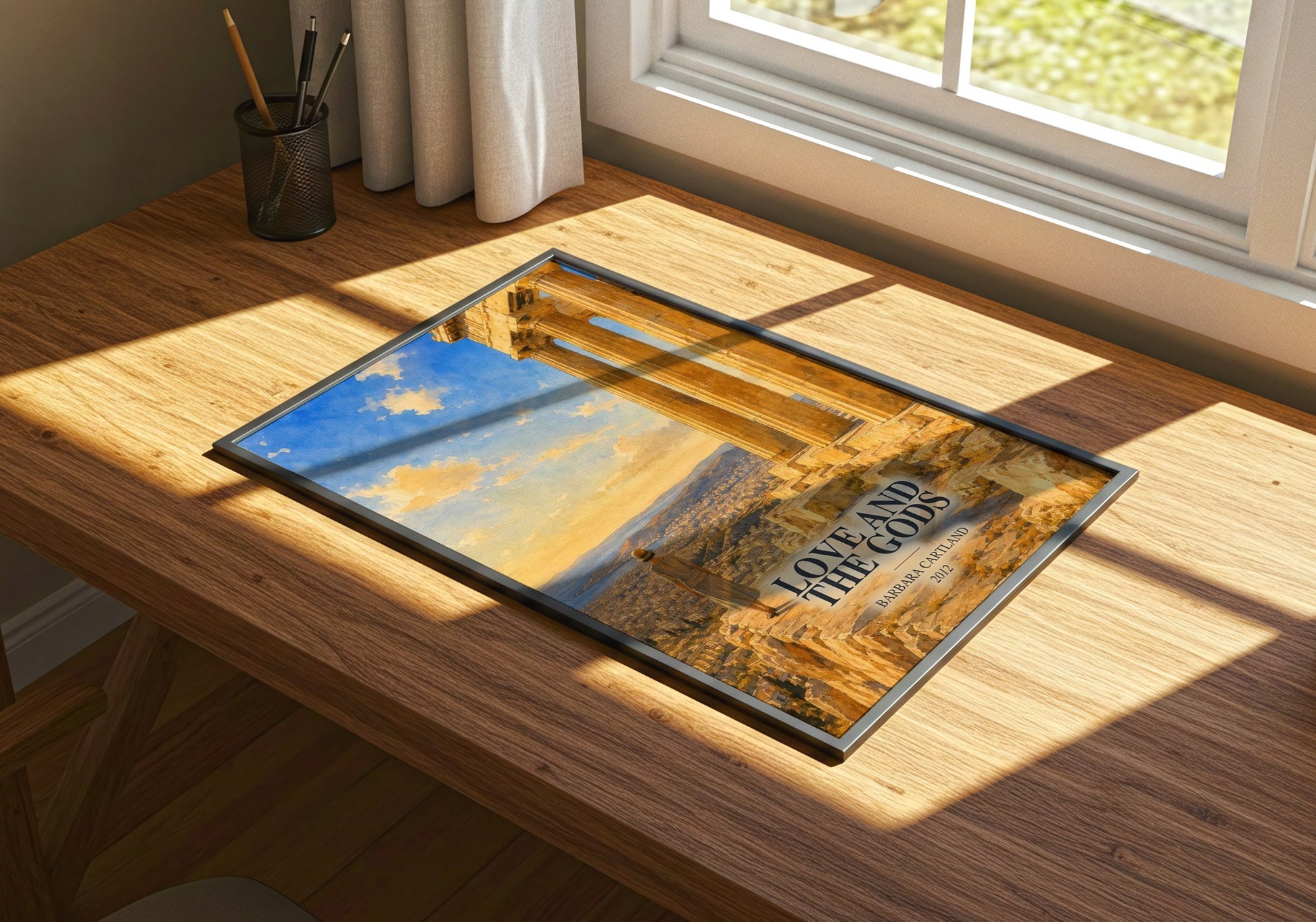 Love And The Gods watercolour book poster framed on wall – romance wall art
