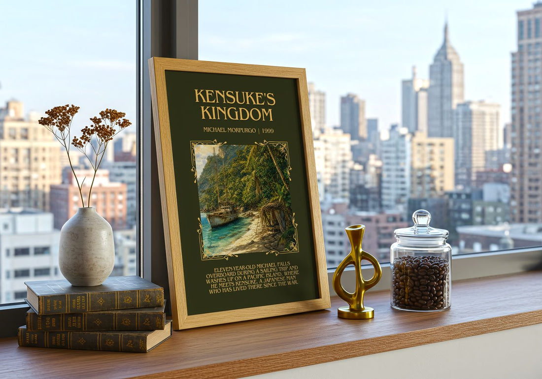 Kensuke's Kingdom Minimalist Book Poster by Michael Morpurgo – framed print on a city-view windowsill